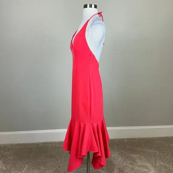 Aidan Mattox Backless High Low Halter Cocktail Dress Coral Pink Size 4 Midi - Picture 7 of 12